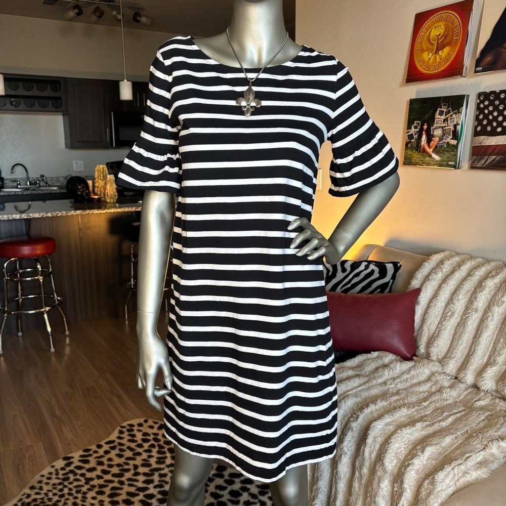 J.Crew Black White Striped Ruffle Sleeve Mini Dress Y2K 🌿